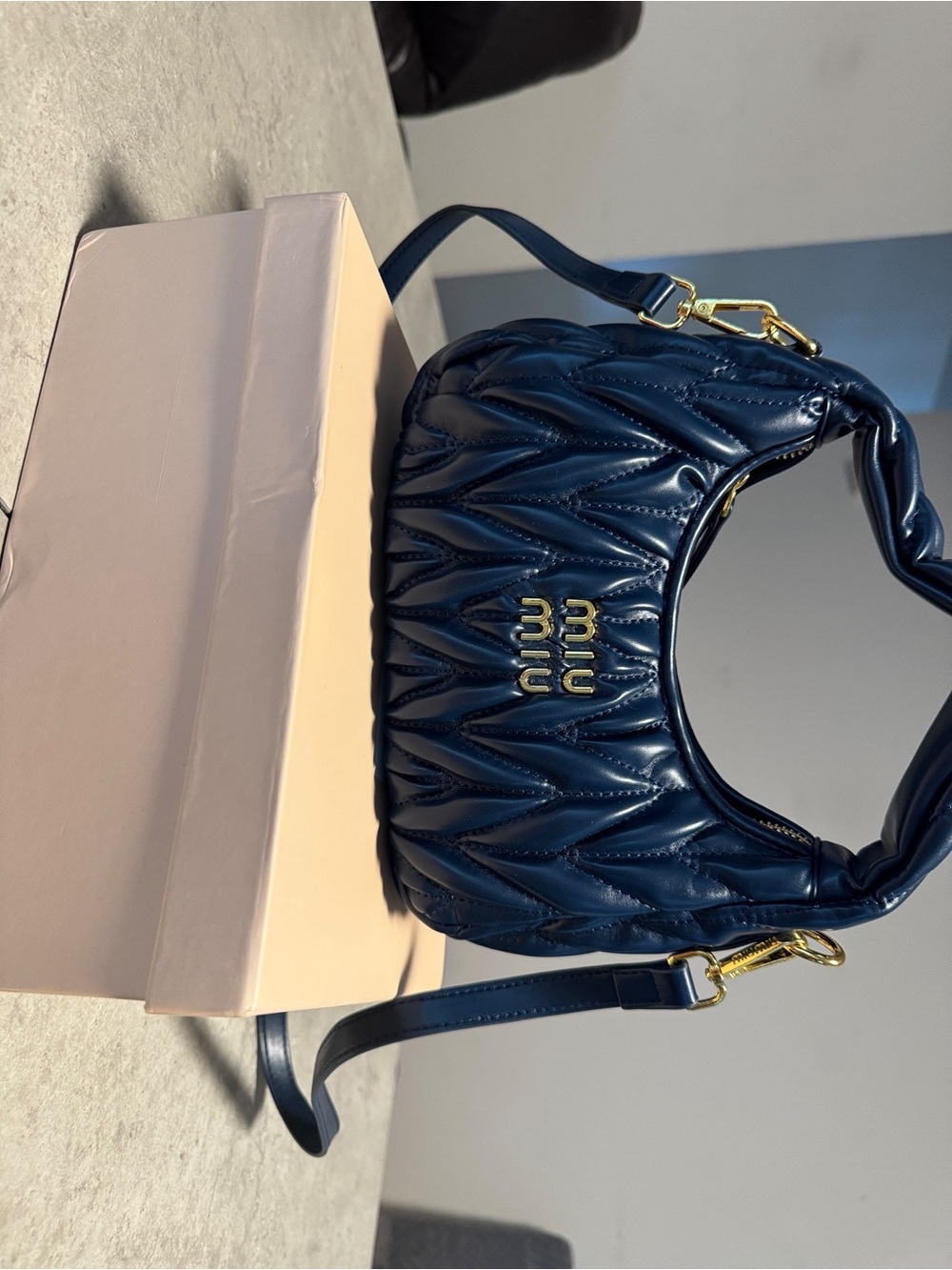 Miu Miu Navy Quilted Matelassé Leather Shoulder Bag with Gold Hardware
